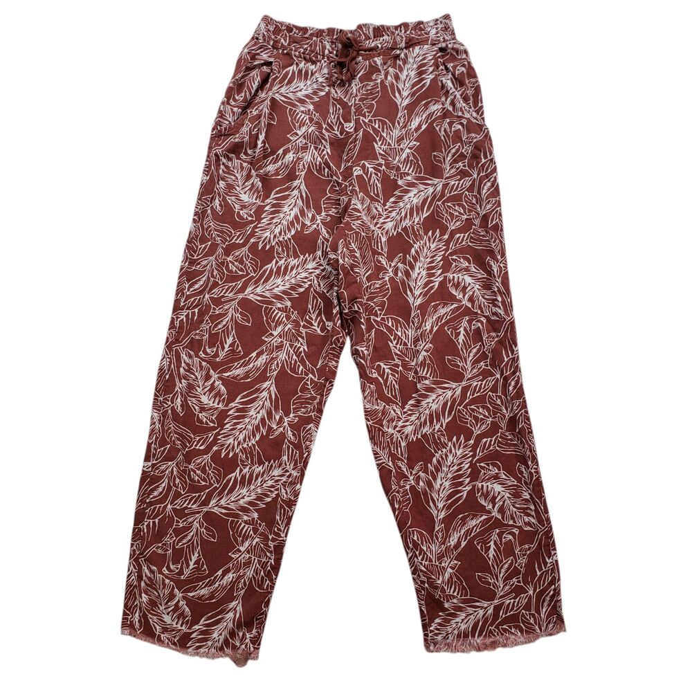 Cathy Linen Blend Pants Womens Small Rust Leaf Print Hawaiian Tropical Raw Hem - Picture 2 of 8